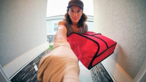 pizza delivery woman red bag canva